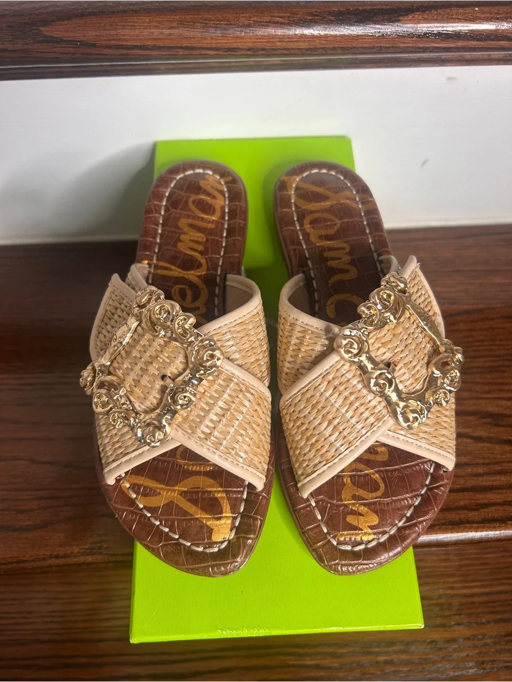 Sam Edelman Gracyn Woven Natural Crossband Slide Sandal with Gold Buckle, 5M - Picture 6 of 15